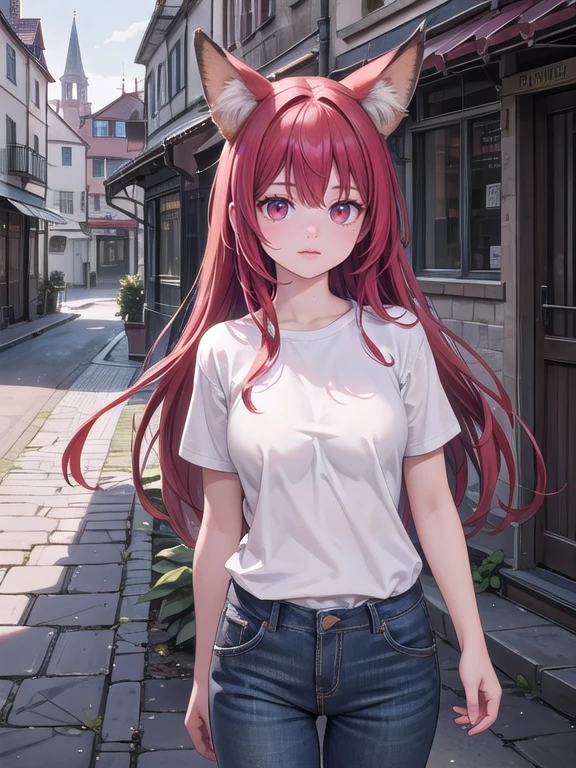 a beautiful girl with red hair, fox ears, light red eyes, wearing a white shirt and gray trousers, standing on a village street, best quality , detailed body and face,long eyelashes, vibrant colorst,village,street,buildings,cobblestone,fantasy, realistic light,