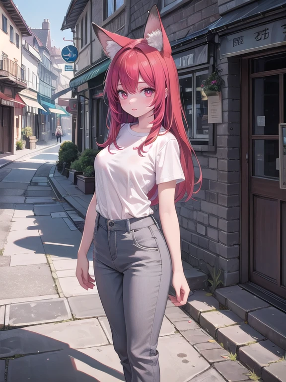 a beautiful girl with red hair, fox ears, light red eyes, wearing a white shirt and gray trousers, standing on a village street, best quality , detailed body and face,long eyelashes, vibrant colorst,village,street,buildings,cobblestone,fantasy, realistic light,