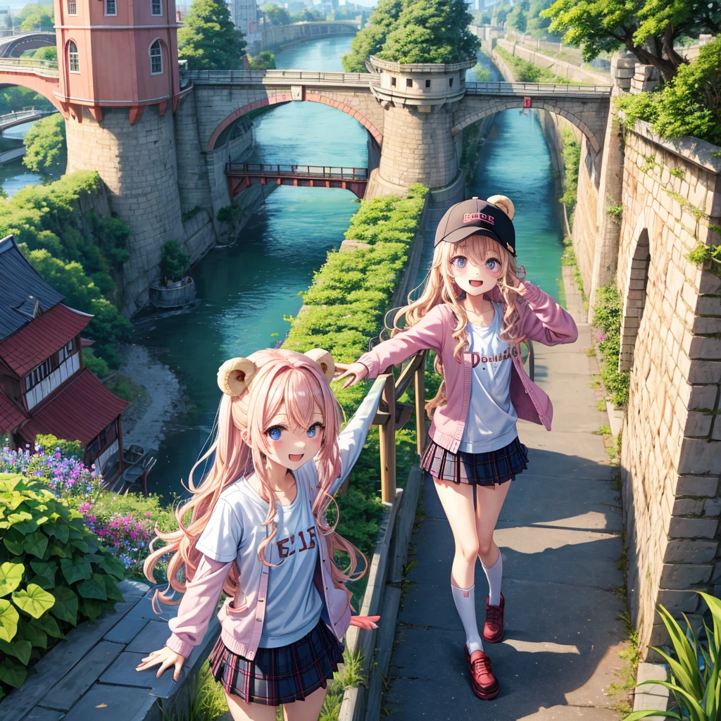 Pink Blonde、Red eyes、Wavy Hair、Hair tied up、Two cute、Checked mini skirt、black t-shirts、cardigan、Knee-high socks、bear ears baseball cap、Teeth are visible、Monster Castle、Tilting face、crossing the bridge、hazakura、windmill、grass、Stones are growing out of the ground.、A teddy bear is walking、Morning glory is blooming.、In front of the city gates、clock、Underground tunnels、Waterway、Small boat