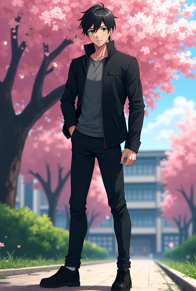 A strong fantasy anime boy with shiny green eyes who has a soft smile on his lips and looks at you standing. stylish black school jacket with black pants , black sports shoes, neat black hair, behind him is a big cherry tree in the school yard . a strong body as a sign of exerciser being