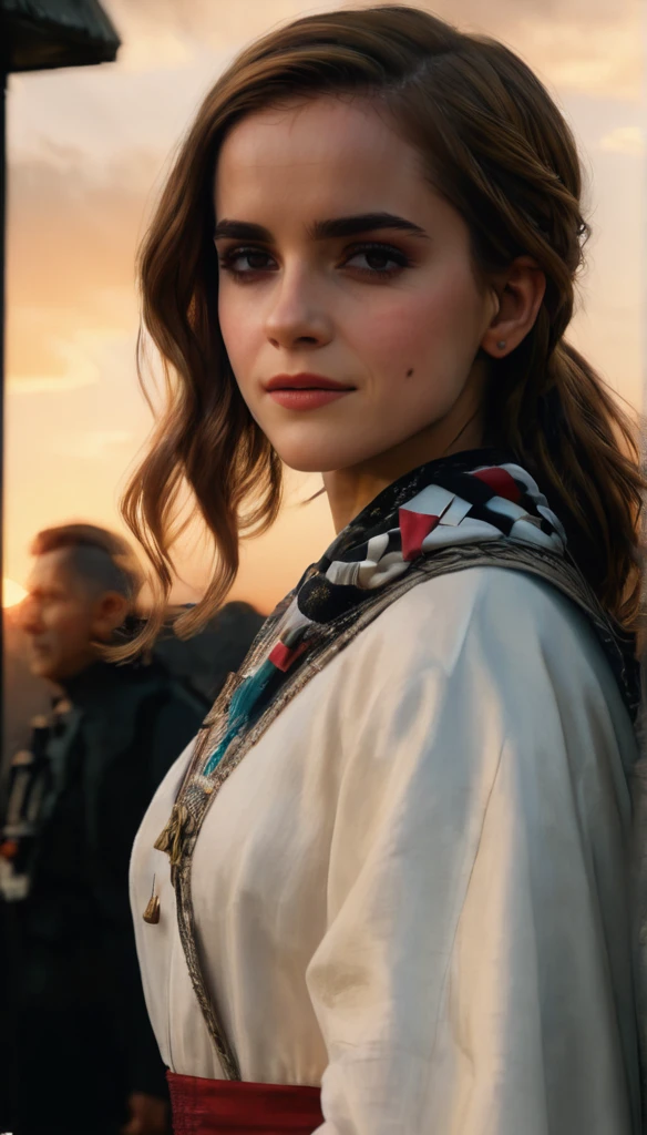 (Emma Watson) long hair:1.5, realistic,highres,reality,creative,(huge filesize, (Palestine flag flying) in the wind with a sunset) in the background unreal engine, octane render, trending on artstation, incredible detail