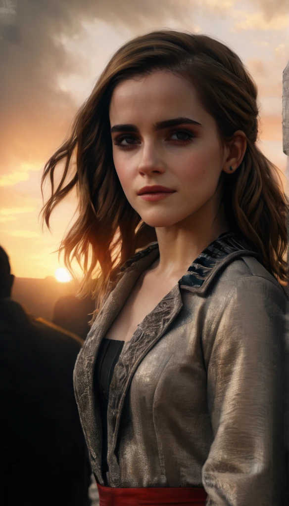 (Emma Watson) long hair:1.5, realistic,highres,reality,creative,(huge filesize, (Palestine flag flying) in the wind with a sunset) in the background unreal engine, octane render, trending on artstation, incredible detail