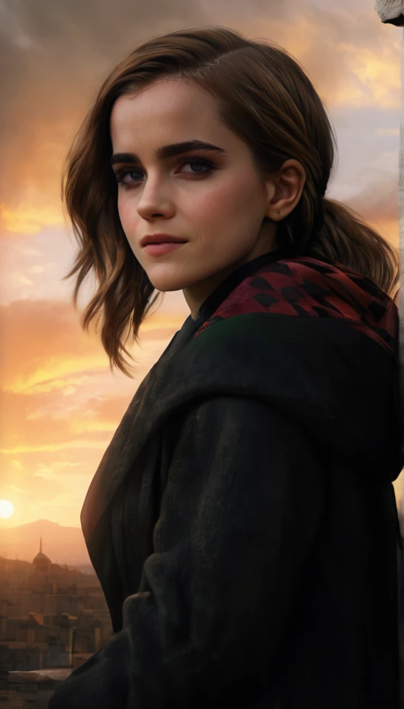 (Emma Watson) long hair:1.5, realistic,highres,reality,creative,(huge filesize, (Palestine flag flying) in the wind with a sunset) in the background unreal engine, octane render, trending on artstation, incredible detail