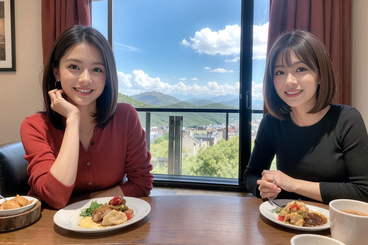 ((Highest quality、8k、masterpiece:1.3))、1 male、1 female、spouse、Beautiful couple、smile、 (Slim face), (The body is スリム), (Brown Hair), (Shortcuts), ((Bob Hale、Straight hair:1.2)), Whiskey bottle and glass on table、Single Malt、scotch、Shot Glass、on the rocks、Scotland、shine light on the face、 Amazing view of the sunset sky and clouds、Amazing mountain views、smileの美しさ、Bright image、blush, Shortcuts,Bright Face、 (4), 3, Appetizers、Italian food、Long sleeve shirt、dress、Attractive beauty、restaurant, Nova Frog Style, actress, model, Upper Body,