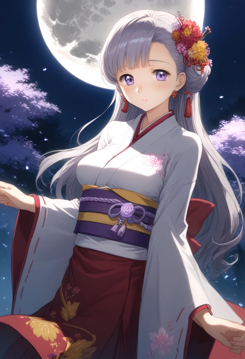 score_7_up,score_8_up,score_9,source anime,surper detail,ultra high res,highres,best quality,
BREAK, A cute anime-style girl standing under the full moon on the night of the Mid-Autumn Festival. She has flowing silver long hair and is wearing a blue and white traditional Japanese outfit. She's gently smiling as she extends her hand, illuminated by the moonlight. The background features a pale purple night sky with a full moon and slowly drifting clouds. Soft moonlight surrounds her, creating a dreamy and beautiful atmosphere.