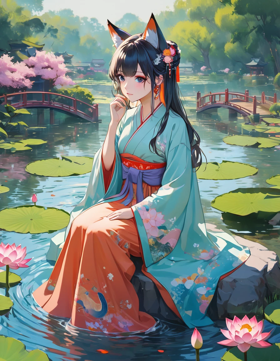 (Highest quality:1.2), Beautiful lo-fi minimalist vibe, Cute absurd, , in the style of unreal engine 5 art style, Glitter, Oil painting style art high resolution, Extremely detailed, (1 Girl:1.3), Hand Painted, Simple lines, wearing colorful Chinese Hanfu, Sexy fox ears girl, By the lotus pond, masterpiece, sitting in water, Floating clothes, Flowing hairLight bokeh, (best quality,4k,8k,highres,masterpiece:1.2),ultra-detailed,(realistic,photorealistic,photo-r