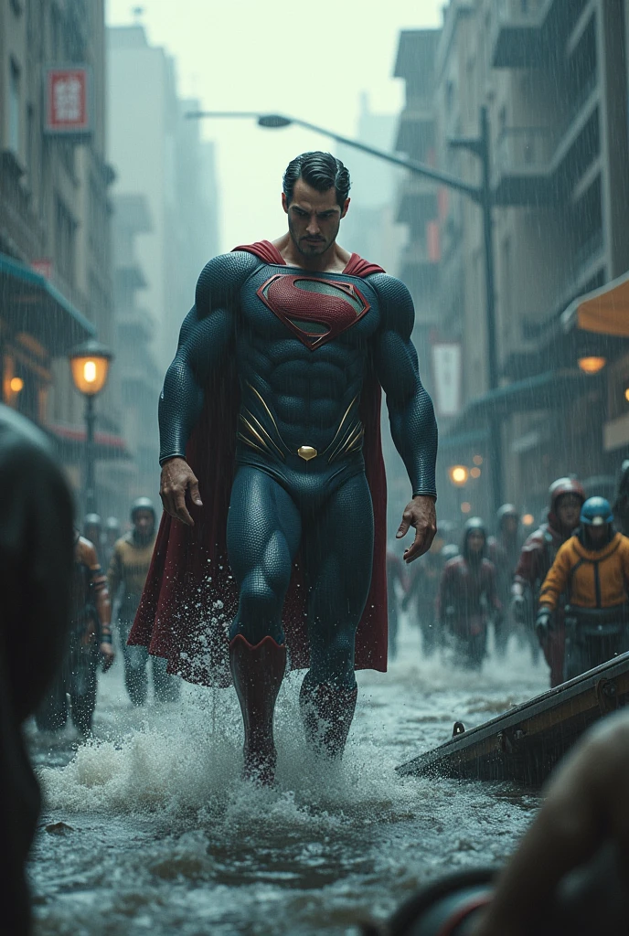 A weak Superman saving flood victims