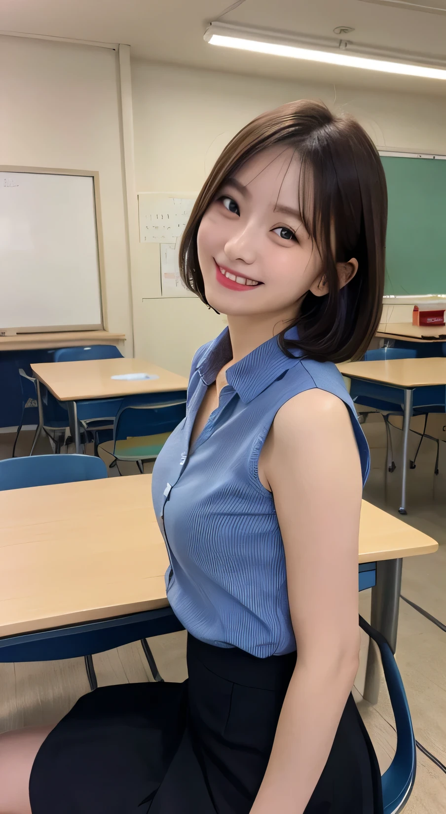 Tabletop, Highest quality, figure, Very detailed, In detail, High resolution, 8k wallpaper, Perfect dynamic composition, Beautiful attention to detail,Wavy Hair、 (short hair)、Small breasts, ((Arched back)),arch back、((arms behind back))、Lean back,smile、cute、happy、sexy shot looking at camera,Perfect and beautiful face、Sleeveless shirt、Collared shirt、24-years-old、female teacher、mermaid skirt、smile、Simple Necklace、staff room、School、