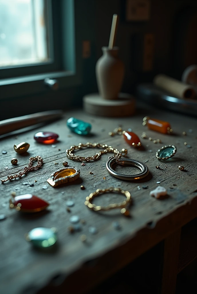 Broken jewelry on a workbench
