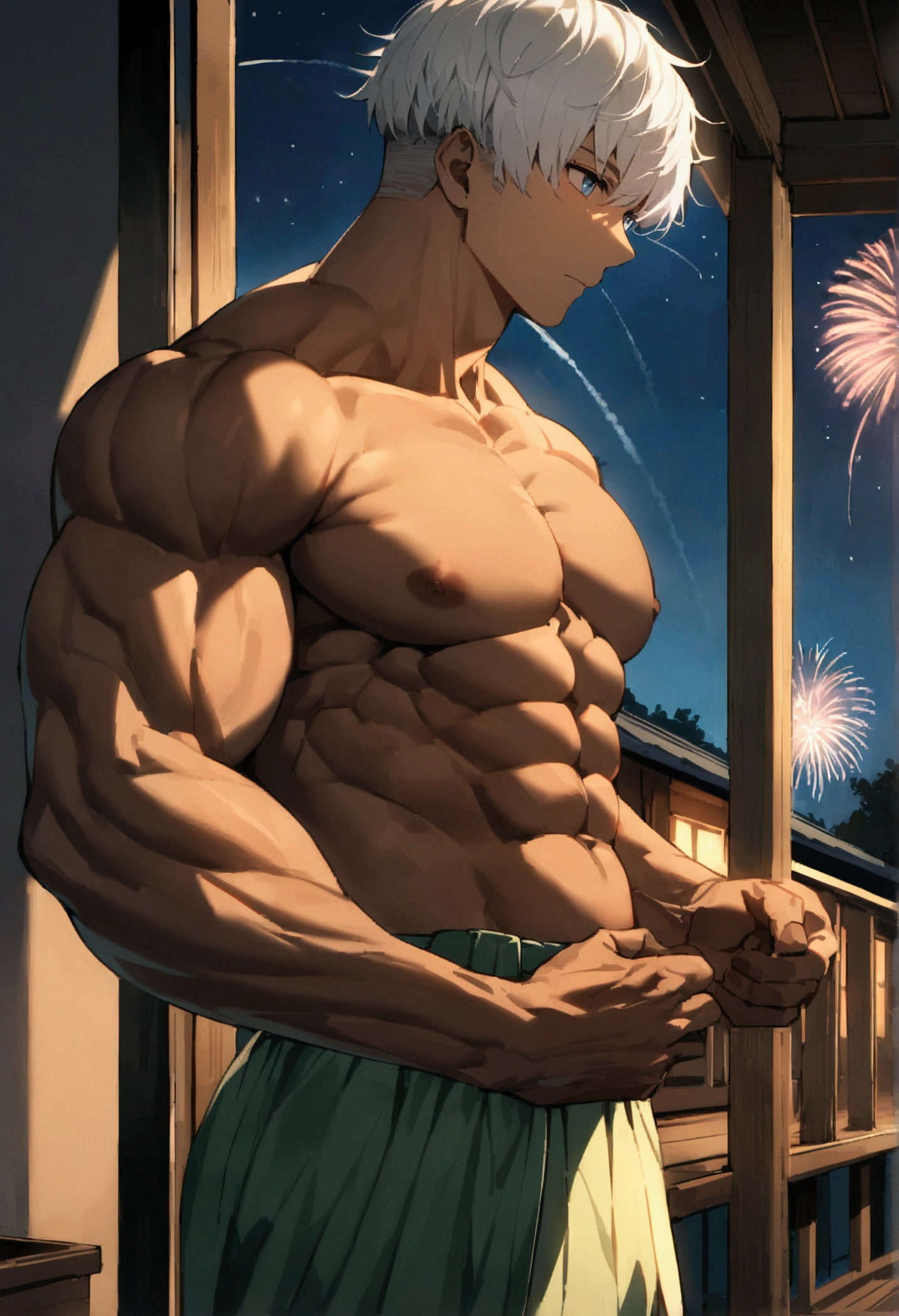 Highest quality、Midsummer evening、Short Hair、Sports haircut、Big macho man、A muscular man wearing a yukata watching fireworks on the veranda、Lonely face、Pectoralis major、Abdominal muscles、Brown skin、Blue Eyes、White Hair