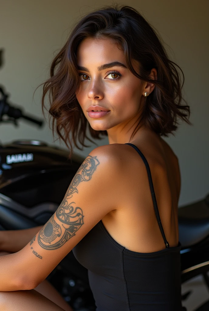 wife, moto hayabusa, short wavy hair, yeux marron claire, type espagnol, Oval shaped face,