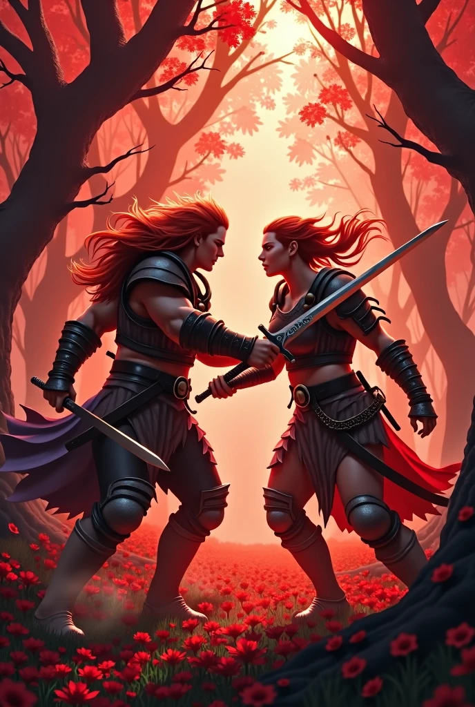 Create a scenario where two vlas face each other in a medieval battle in a red forest. The characters are light redheaded.