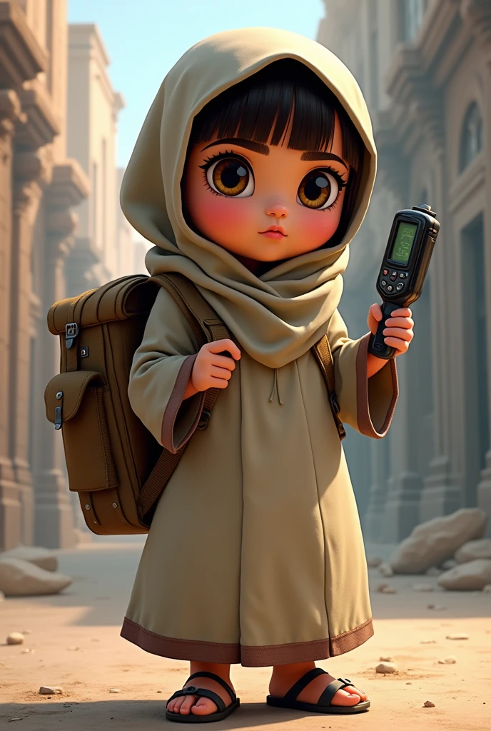 Dora the explorer in muslim outfit with a backpack and a remote looking like a suicide bomber
