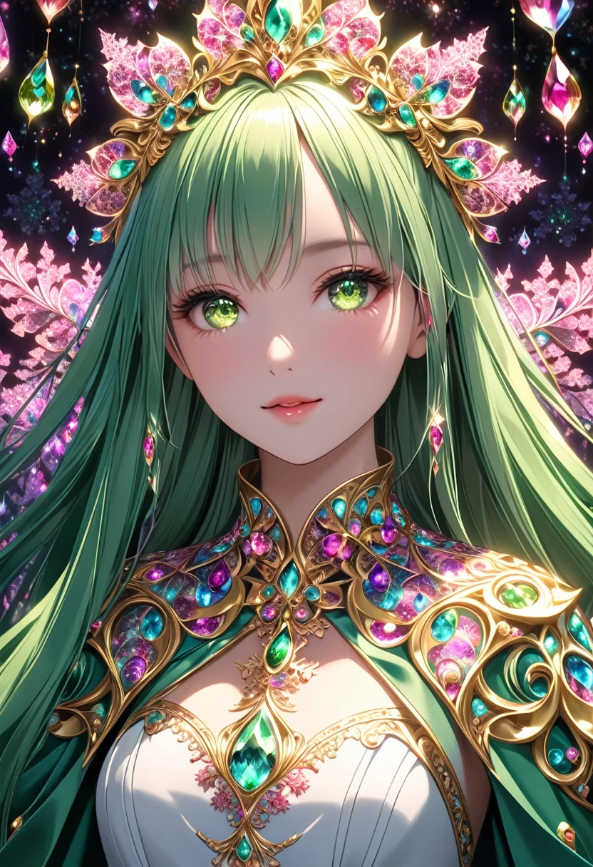 (masterpiece、Highest quality、Highest quality、Official Art、detailed、Beautiful and aesthetic:1.2)、(One Girl)、(Fractal Art:2.0)、Very long straight hair、Pink Shiny Crystal Colorful Hair, Yellow-green crystal eyes, Close-up shot, Face shot, Focus on your audience, Fascinating face, Meaningful Expressions, Wearing a dress、coat, Disney Princess Style, And soul, Gorgeous and colorful light details、Floating water droplets, Backlight, Intuitive、sharp、Accurate focus、Instagram Photos、Photo of the Year、Cinema 4D、dramatic、