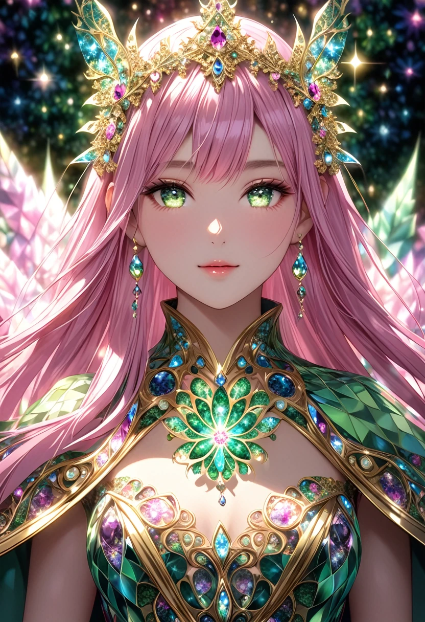 Young woman with pink and green hair with green eyes