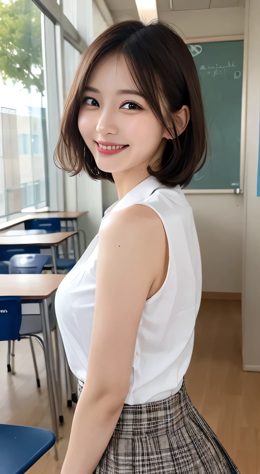 High resolution, High level image quality, high detail, masterpiece, rough skin, anatomically correct, sharp, classroom background, ((japanese mature, 30 years old)), alone, ((facial wrinkles)), good shape big breasts, Straight light brown hair that reaches to the shoulders, (((write on the blackboard,))), Staring straight ahead with an open mouth and a tired face, ((Transparent material for summer,  white blouse, white skirt,))
information
