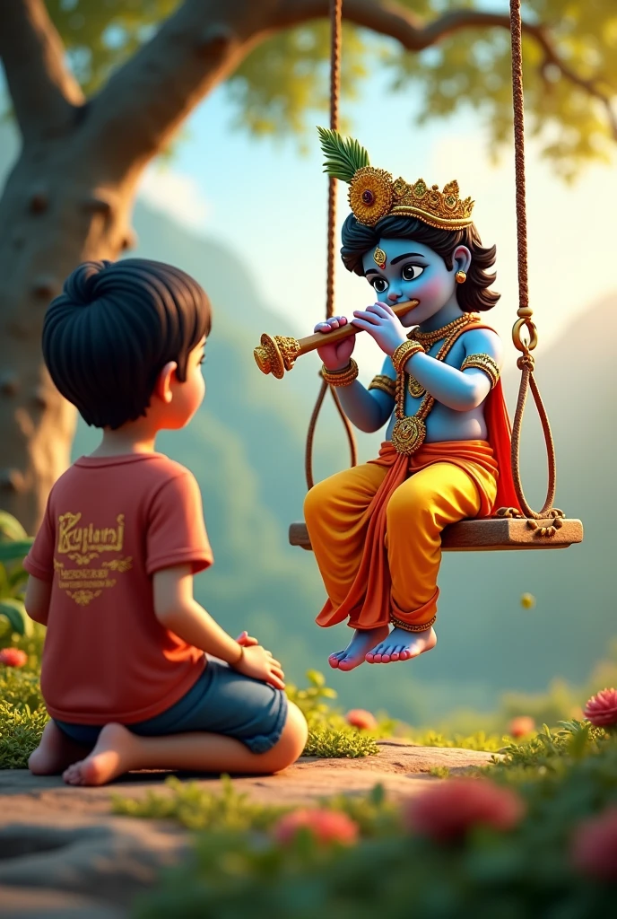 create a 3D realistic picture "A boy is worshiping Shree Krishna and Shree krishna is sitting on a swing and playing flute and "Rupchand" is written on the boy's t-shirts and the boy is worshiping and in the background "Happy Janmashtami" is written in bold font clearly, make sure everything should be correct