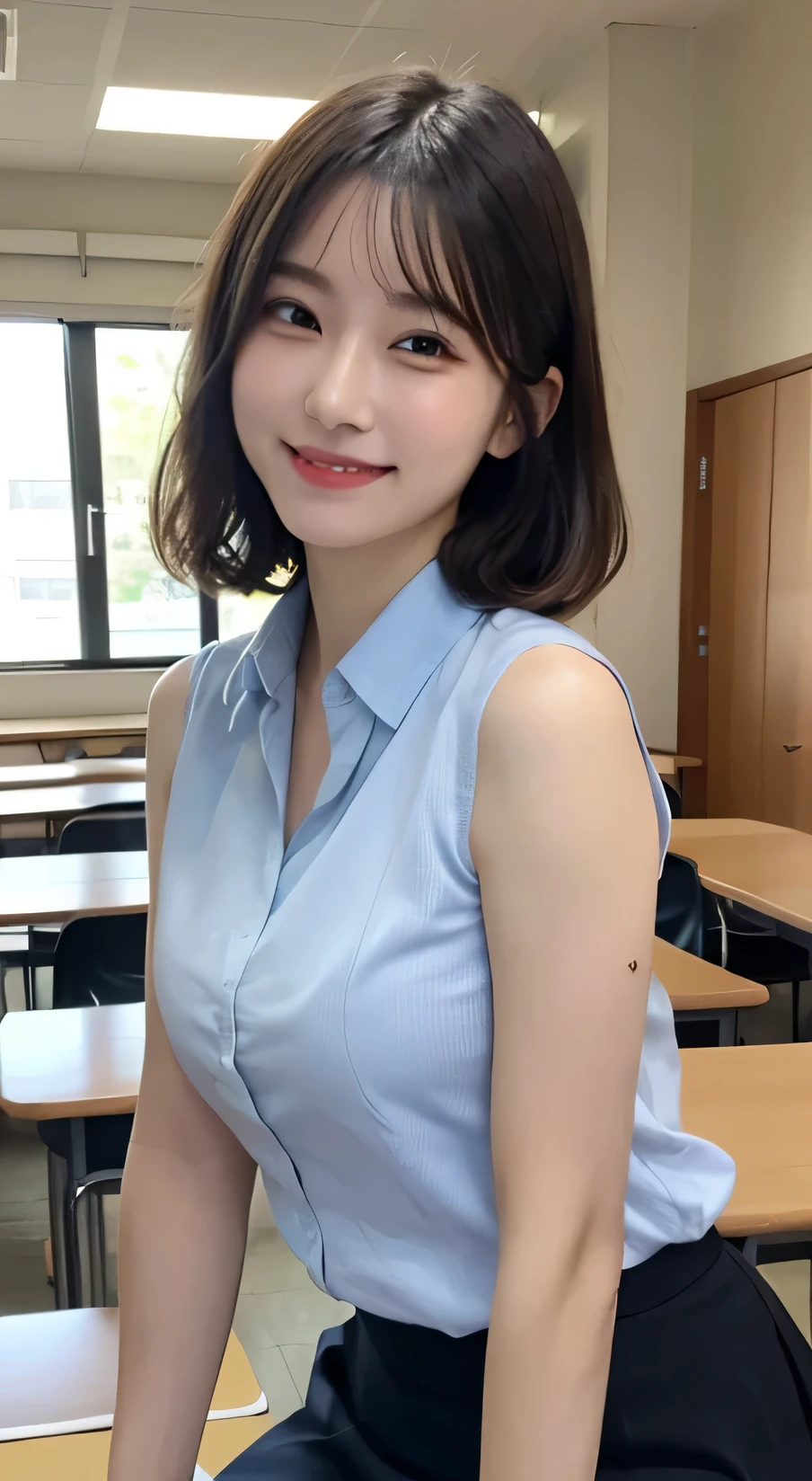Tabletop, Highest quality, figure, Very detailed, In detail, High resolution, 8k wallpaper, Perfect dynamic composition, Beautiful attention to detail, (midium short hair)、Small breasts, Arched back,Randomly sexy poses,smile、cute、sexy shot looking at camera,Perfect and beautiful face、Sleeveless shirt、Collared shirt、24-years-old、female teacher、mermaid skirt、smile、Simple Necklace、staff room、School、