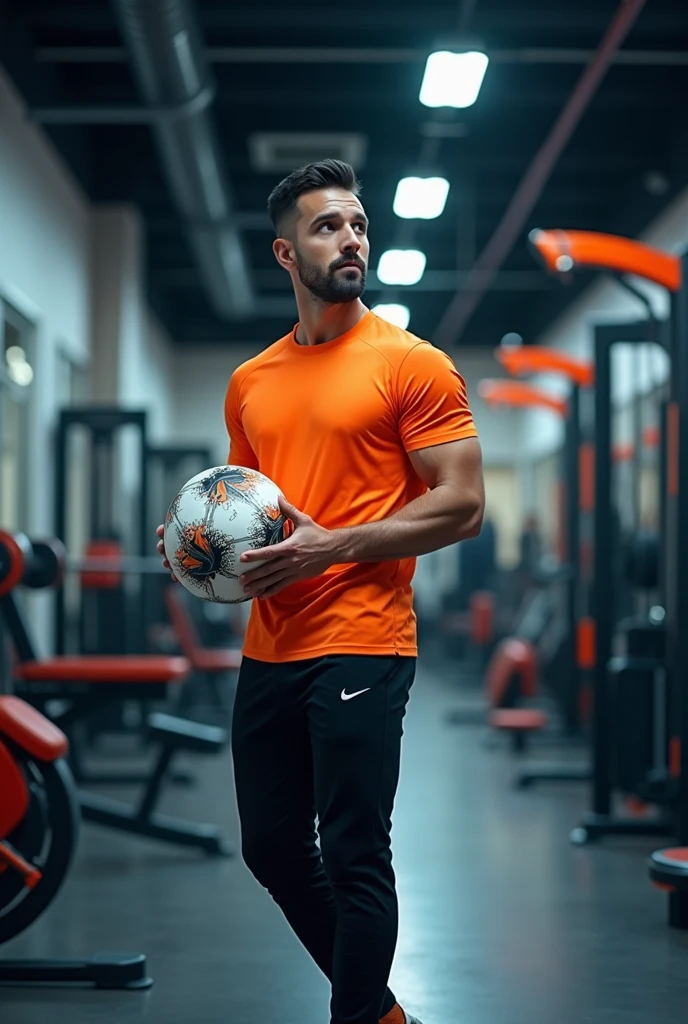 a man wearing black pants and orange shirt ,standing in front of fitness equipment inside a shop, looking ahead, holding a soccer ball, photorealistic, dynamic lighting, highly detailed, 8k, best quality