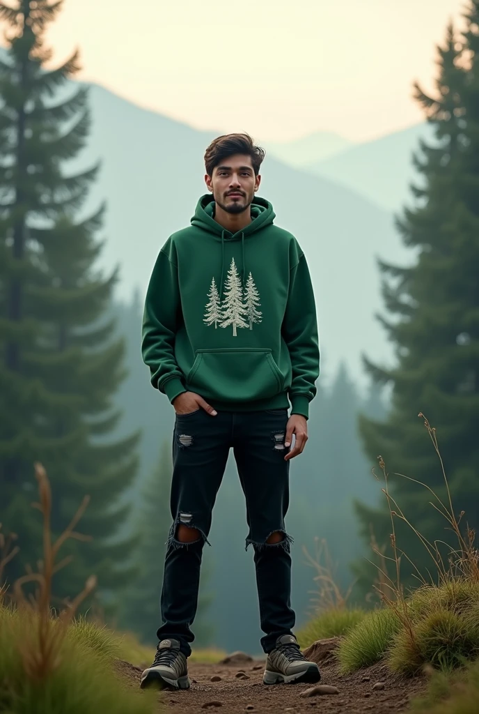 Create an image of an individual standing in the middle of a calm mountain forest landscape in the morning or evening with soft lighting conditions. The individual must face the viewer, wear a green hoodie featuring a pine tree graphic that reflects the surrounding environment, wear ripped black jeans, wear mountain shoes. ((full body))