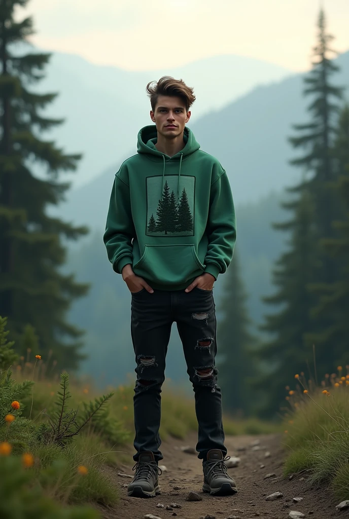 Create an image of an individual standing in the middle of a calm mountain forest landscape in the morning or evening with soft lighting conditions. The individual must face the viewer, wear a green hoodie featuring a pine tree graphic that reflects the surrounding environment, wear ripped black jeans, wear mountain shoes. ((full body))