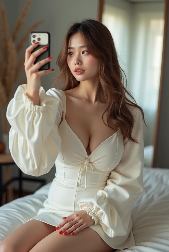 Very detailed, beautiful, Surreal, masterpiece, Highest quality, Japan Sexy Gravure Idol, 24-years-old, Hiding your identity, Full Body Shot, , takes a selfie in her room using a smartphone in front of a mirror with one hand, Fashion model posing, Sitting, Looking away from the camera, /// long hair, Light-colored eyes, Realistic Skin, Detailed face, /// BREAK White dress, Balloon sleeves, White Theme, Mandarin Color, Tight skirt, /// A single room with a simple, modern monochromatic design, mirror, Complex background、Women with big breasts、
Women with long hair。Light brown hair。Center parted hairstyle。Long Hair