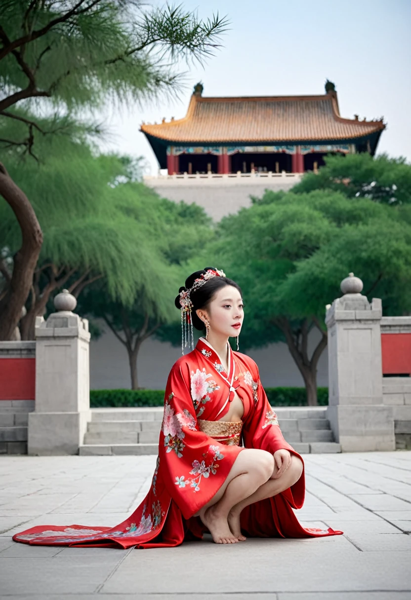 Empress of the Qing Dynasty, A nude woman wearing a red floral Hanfu jacket, Squat down with your legs wide apart, Front view, Outside the Qing Dynasty Palace