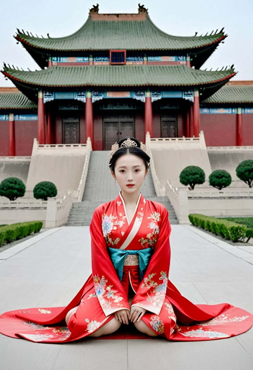 Empress of the Qing Dynasty, A nude woman wearing a red floral Hanfu jacket, Squat down with your legs wide apart, Front view, Outside the Qing Dynasty Palace