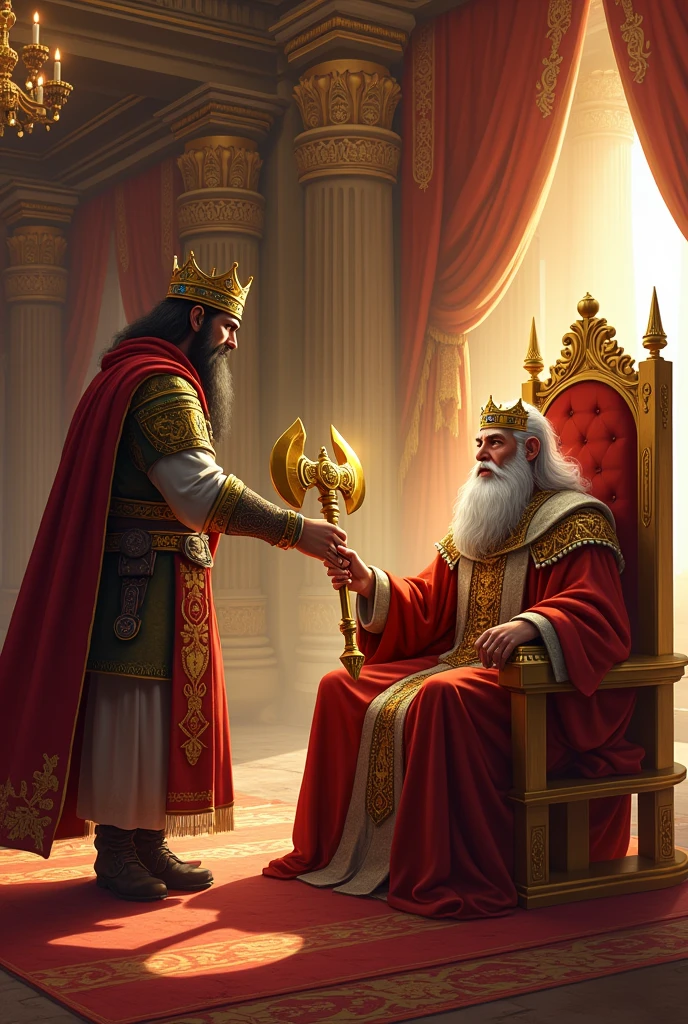 Ramoo presenting the golden axe to the king in a grand palace. The king, dressed in regal attire, looks impressed and surprised. The palace interior is ornate with rich decorations