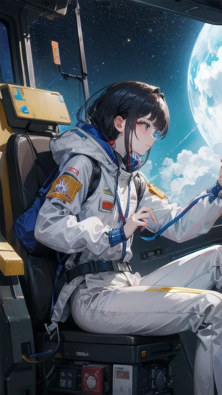 (((masterpiece))), (((Highest quality))), ((Very detailed)), (Highly detailed CG illustrations), ((Very delicate and beautiful)),(From the side),Cinematic Light,A girl climbs into the cockpit、Black Hair、long、Boarding a small spaceship，In the cockpit，Starry Sky, Big Clouds,colored glaze,Golden Universe，Space Station、Preparing for takeoff、Spacesuit、Aiming for Andromeda、Toa Heavy Industries decals、Lonely smile，A cable connects the body to a small spacecraft、Close the hatch，Complex Instrumentation