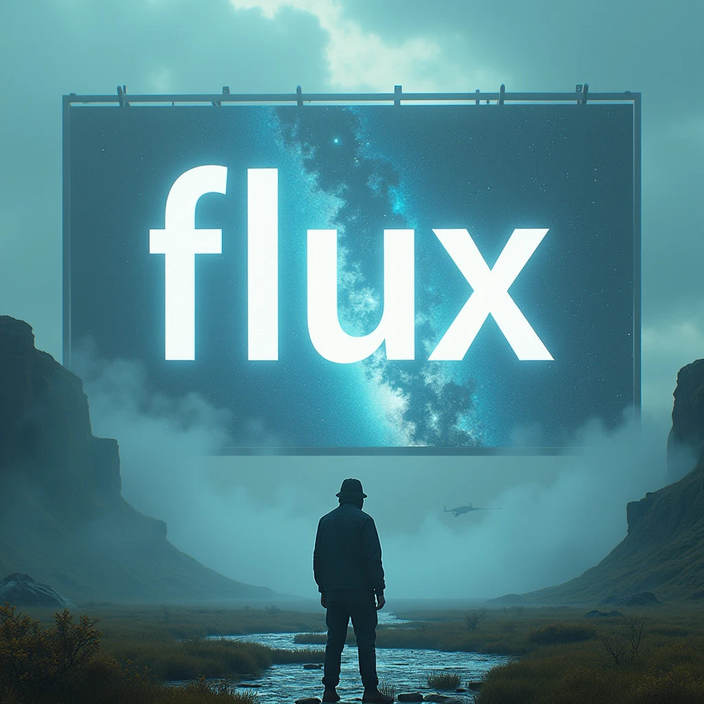 Surreal landscape，A huge helmet screen with the word &quot;FLUX&quot; written in large letters，Facing the screen，close up