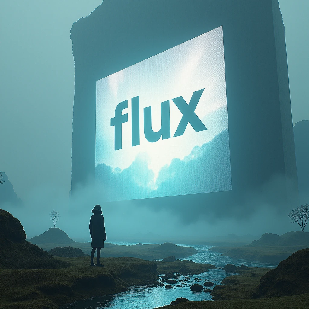 Surreal landscape,A huge helmet screen with the word "FLUX" written in large letters,Facing the screen,close up