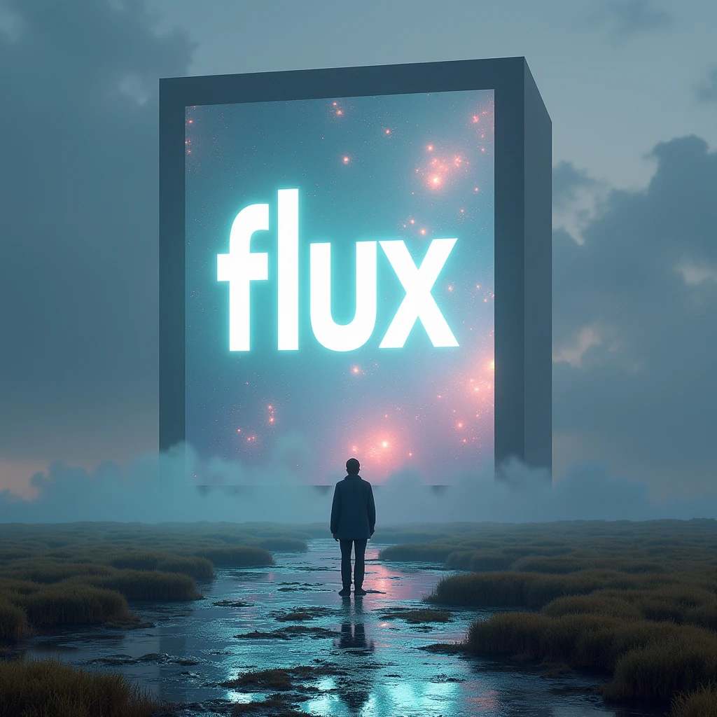 Surreal landscape,A huge helmet screen with the word "FLUX" written in large letters,Facing the screen,close up