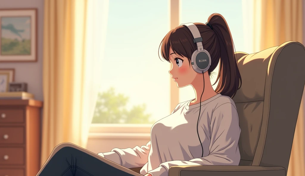 morning、Listen to music in the room、Sit on a chair、high school girl、Big Breasts、 relax、White sweatshirt、ponytail、Use headphones, Bright environment、2D-style animation, Lo-Fi、Retro、Anime style illustrations、Line art with clear outlines