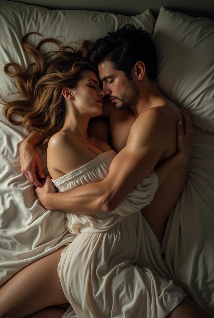 A hyperrealistic photograph of a passionate embrace between a man and a woman in a dress. They are entangled on a messy bed, sheets twisted around their bodies. Soft, diffused lighting casts gentle shadows, emphasizing their intimate connection. The woman's eyes are closed in ecstasy, while the man gazes down at her with a possessive intensity. The atmosphere is thick with desire and unspoken promises.
