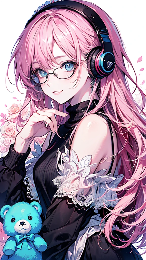 ((highest quality)), ((masterpiece)), (Get used to it), Perfect Face, masterpiece、highest quality、High resolution、High quality picture、8k, 1 woman、Fair skin,black sweater dress, close up white lips upper neckline 、Delicate eye expression、Pink hair mixed with yellow、Long haired girl, wearing bright white bear ear headset,wearing thin glasses,
Perfect Line Drawing, Beautiful line art, Beautiful Ocean Blue Eyes, Beautiful face with attention to detail, (Sweet Smile), charm, Innocent, Side view, (Face with perfect details), (Beautiful Hands) Photorealistic Drawing,