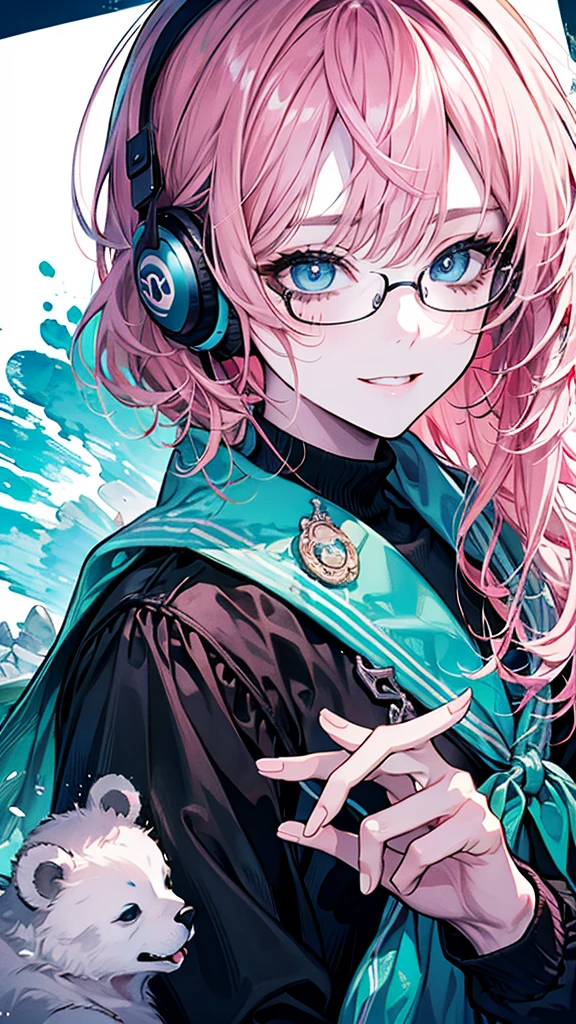 ((highest quality)), ((masterpiece)), (Get used to it), Perfect Face, masterpiece、highest quality、High resolution、High quality picture、8k, 1 woman、Fair skin,black sweater dress, close up white lips upper neckline 、Delicate eye expression、Pink hair mixed with yellow、Long haired girl, wearing bright white bear ear headset,wearing thin glasses,
Perfect Line Drawing, Beautiful line art, Beautiful Ocean Blue Eyes, Beautiful face with attention to detail, (Sweet Smile), charm, Innocent, Side view, (Face with perfect details), (Beautiful Hands) Photorealistic Drawing,
