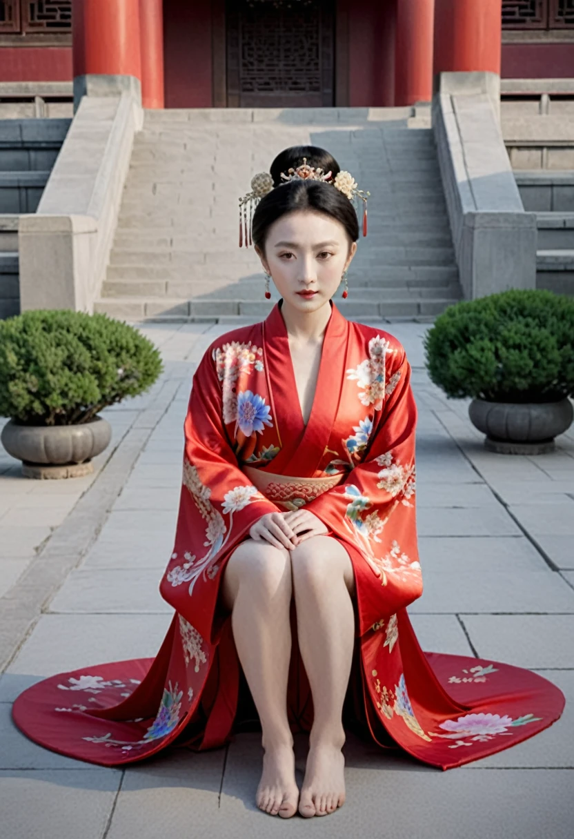Empress of the Qing Dynasty, A nude woman wearing a red floral Hanfu jacket, Squat down with your legs wide apart, Front view, Outside the Qing Dynasty Palace