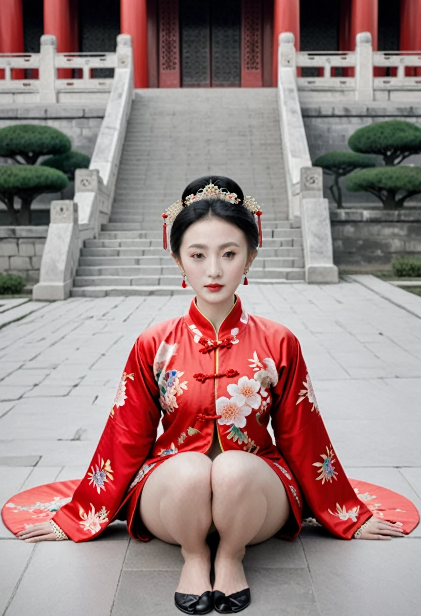 Empress of the Qing Dynasty, A nude woman wearing a red floral Hanfu jacket, Squat down with your legs wide apart, Front view, Outside the Qing Dynasty Palace