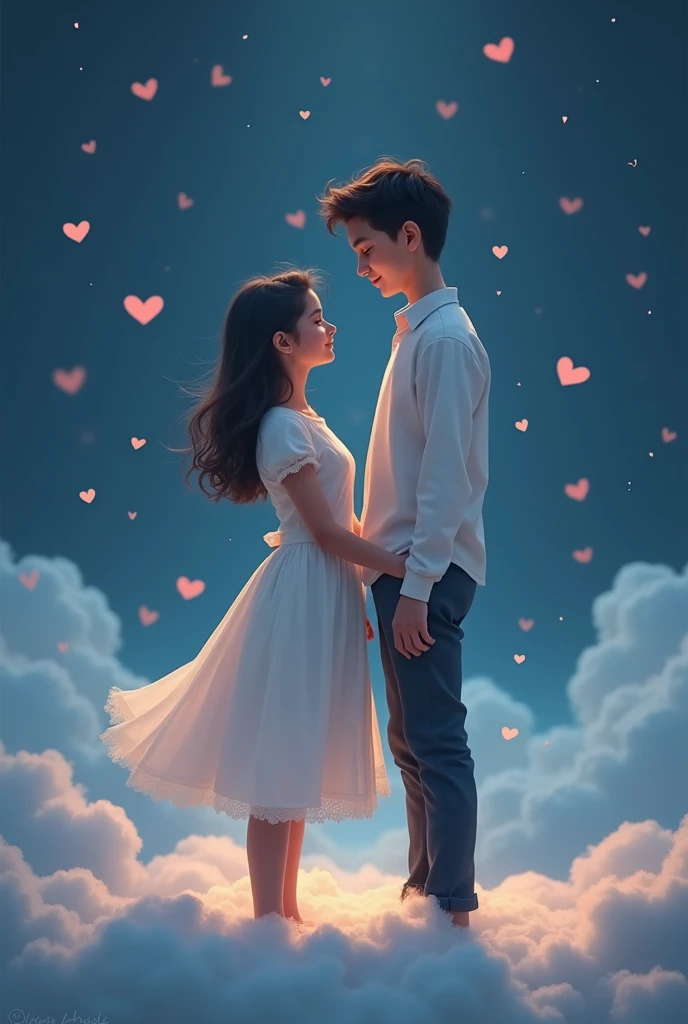 Don't change anything else, just do this in the images - Behind the girl, write "Arpita" , Behind the boy, write "Abhishek". Write all this in soft cloudy form. Also add some heart shaped clouds behind the girl and boy