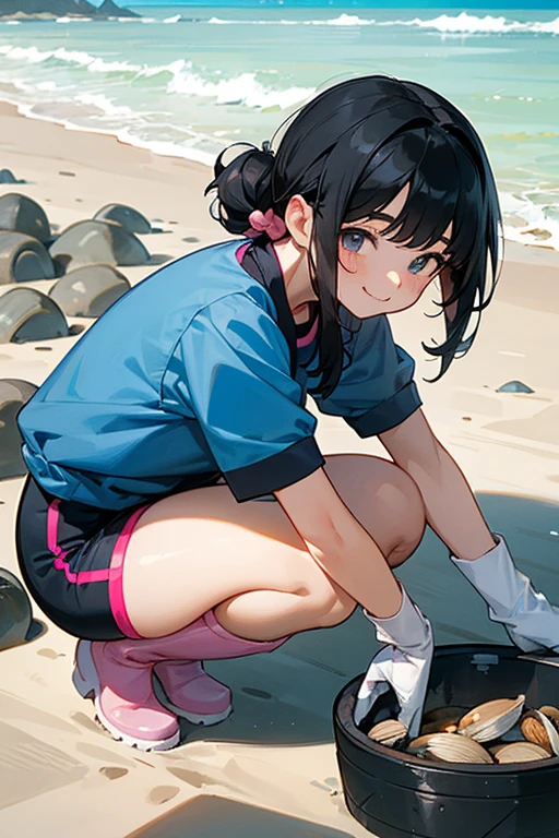 A pair of ************************** with their black hair tied up, wearing large pink rubber gloves, white rubber boots, blue short-sleeved shorts and gym clothes, wearing gym caps, squatting and smiling while digging for clams.　Summer coast