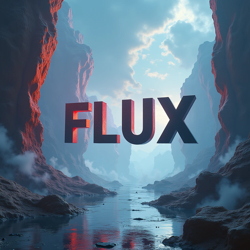 Poster font,The word "FLUX" floats in the air,uppercase letter,Surreal landscape