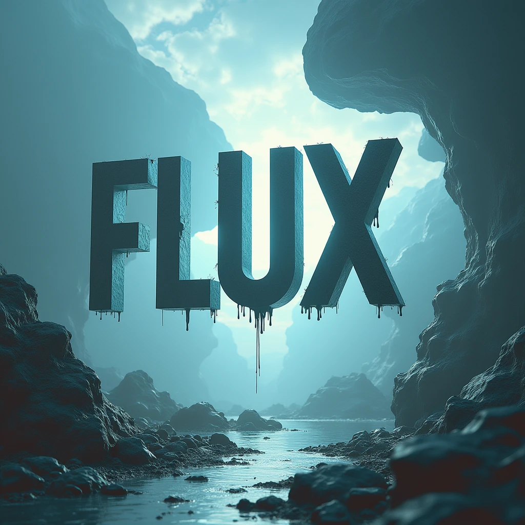 Poster font,The word "FLUX" floats in the air,uppercase letter,Surreal landscape