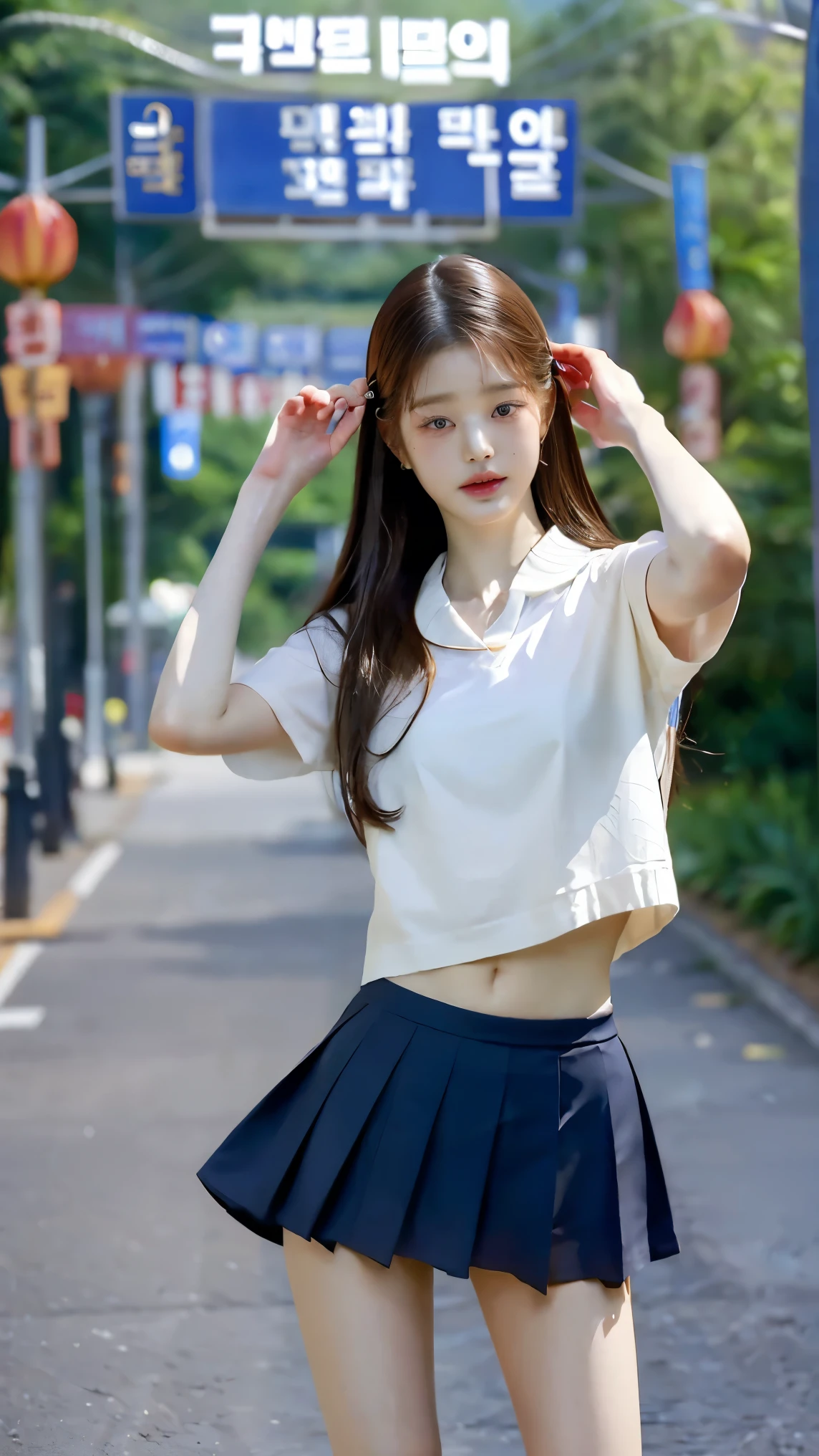 Absurd, RAW Photos, Very delicate and beautiful, masterpiece, Highest quality, Ultra-high resolution, 16K, hyperRealistic, Realistic, photoRealistic, photo-Realistic, Very detailed, Perfect Anatomy, Very detailed肌, Perfect figure, Very detailed CG 8k 壁紙,Erect nipples, perfect nipples, Perfect breasts, Round Breasts, Small Head, Perfect Fingers, (((whole bodyショット:1.8))),(((whole body :1.7))), Extremely white skin, Are standing,Stand with your legs aligned,Stand with your back straight,whole bodyを此方に向ける, Medium chest, blush, the wind is strong,(Long legs),(Thin legs), Sexy Legs, on the road, Fluffy hair, bangs, (2 people :1.5), Small Ass,long and thin arms,Long legs, Medium chest, Messy Hair,Put your hands down, Put your hands in your pockets, Put your hands down, Sexy pose,Tight waist, friend, Nude girlfriend, smile, Happy, medium Round Breasts, Sexy pose, walking on the road, Laughter, Three people, ((Keep your spine straight)),((Stand with your legs aligned)),((体whole bodyを此方に向ける)),((Japanese high school girls wearing uniforms)),((Checkered high school uniform with tiny mini skirt)),((High school uniform summer short-sleeved white shirt)), ((Red bow tie)),((Black Loafers)),School boots, Black Hair, Narrow waist,(((Very short white socks that reach to the ankles))),((Height 173cm:1.3)),Slim model body shape,(Slim and muscular athletics body type:1.3),(Slim yet muscular legs),((Thin thighs)),((long thighs)),(((Clothes that expose a lot of bare skin:1.3))),((Sexy bare legs:1.3)),((He looks just like WONYOUNG from the Korean idol group IVE.:1.8)),18-year-old girl,((Long legs)),((Anatomically correct:1.3))