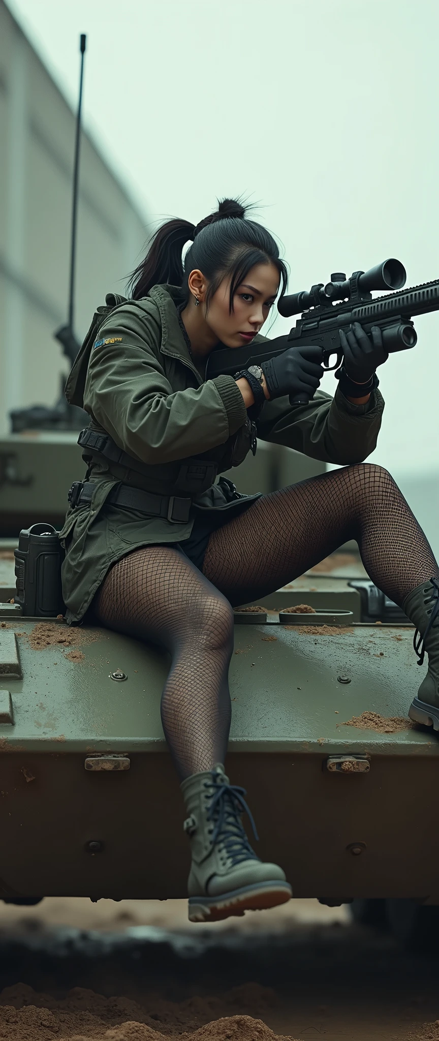 bleak gritty action edgy so much swagger trained marine corp militant asian female solider with her female squads with serious expresion with an attitue vengance she adorn with pony tail hairstyle adorn hip hop rap style in black fishents linger latex sniper rifle on recline on a tank aiming sniper absolute disrespect bad-mannered 