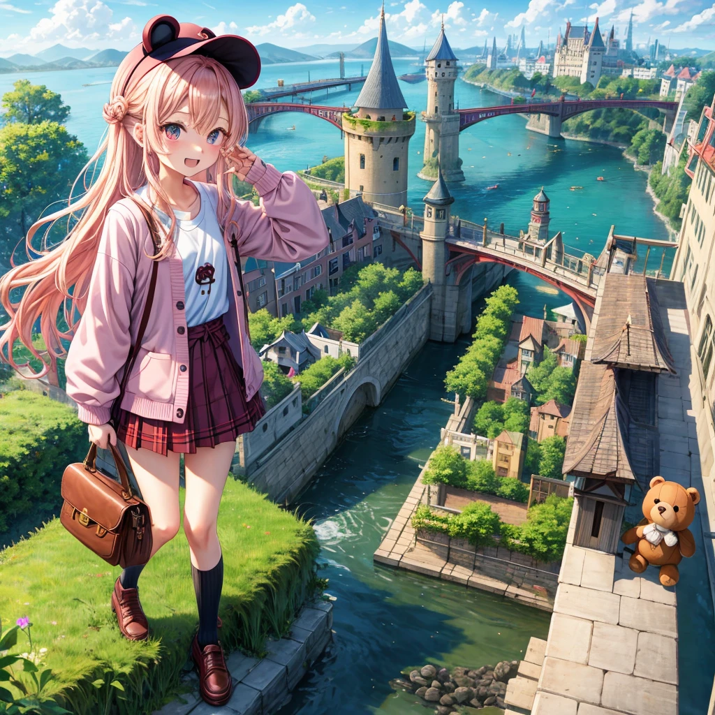 Pink Blonde、Red eyes、Wavy Hair、Hair tied up、Two cute、Checked mini skirt、black t-shirts、cardigan、Knee-high socks、bear ears baseball cap、Teeth are visible、Monster Castle、Tilting face、crossing the bridge、hazakura、windmill、grass、Stones are growing out of the ground.、A teddy bear is walking、Morning glory is blooming.、In front of the city gates、clock、Underground tunnels、Waterway、Small boat