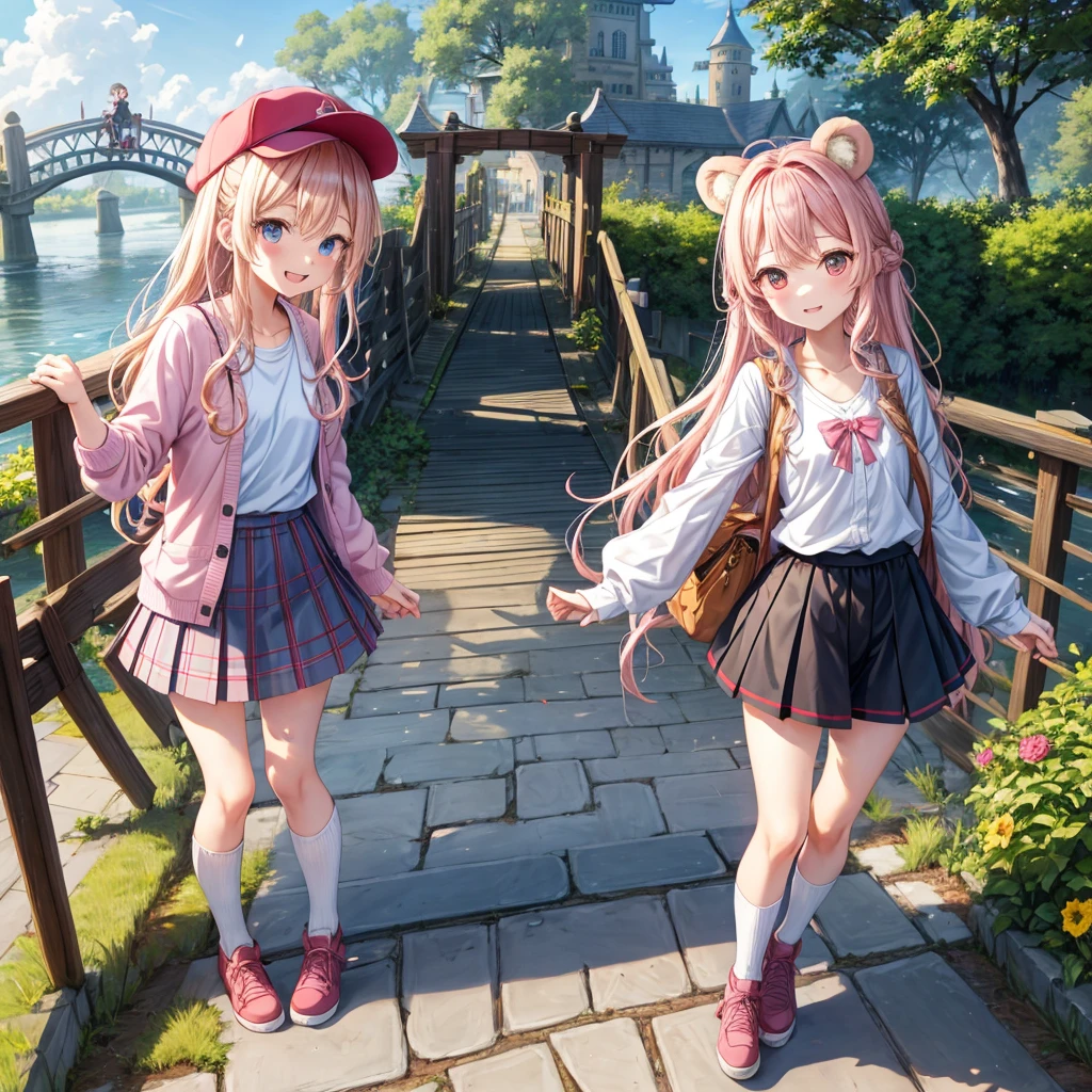Pink Blonde、Red eyes、Wavy Hair、Hair tied up、Two cute、Checked mini skirt、black t-shirts、cardigan、Knee-high socks、bear ears baseball cap、Teeth are visible、Monster Castle、Tilting face、crossing the bridge、hazakura、windmill、grass、Stones are growing out of the ground.、A teddy bear is walking、Morning glory is blooming.、In front of the city gates、clock、Underground tunnels、Waterway、Small boat