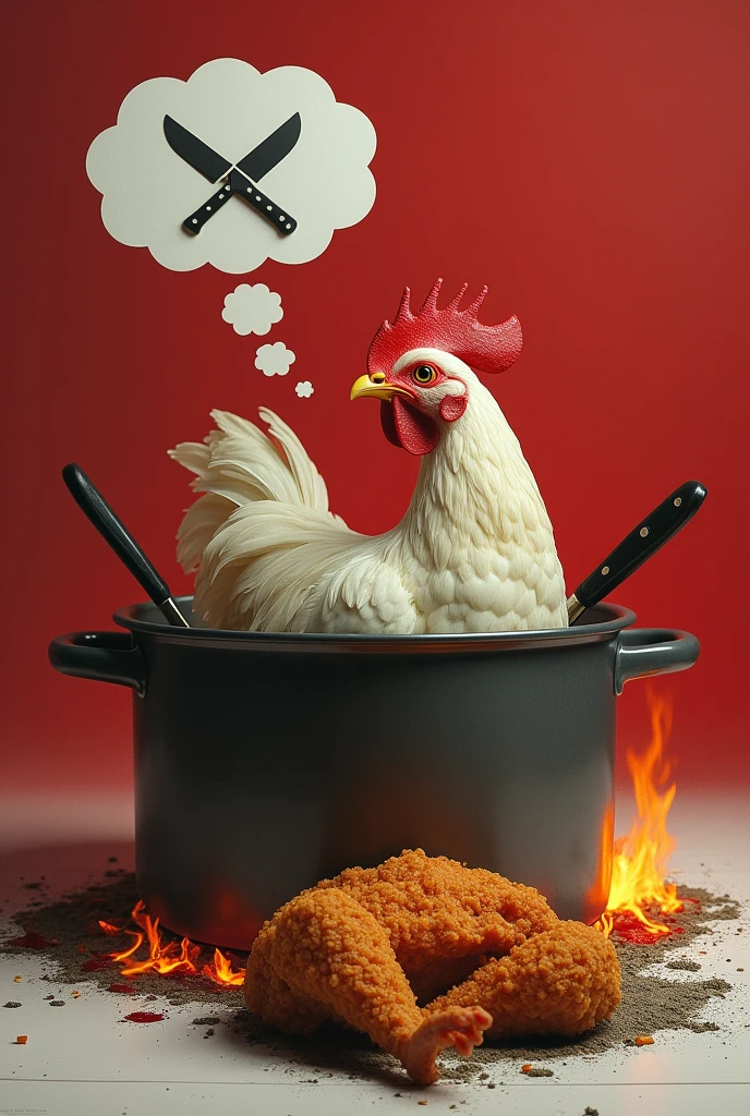 A red and white background, a pot with a fire underneath and a live chicken inside the pot, a crossed two knifes on the top, a fried chicken on aside, the chiken in the pot looking at the fried chicken write "I might eat me.." as a thought on the top of the chicken head