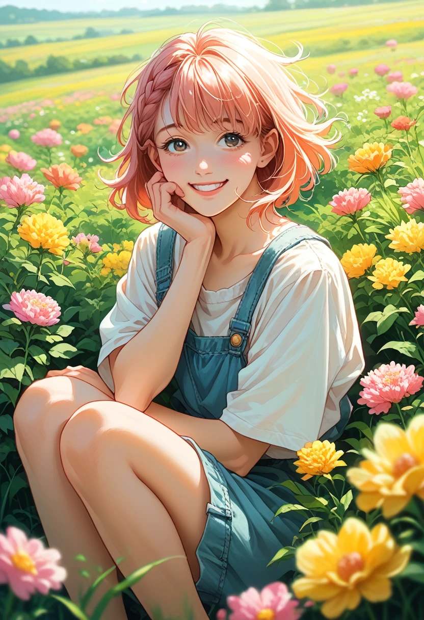 Anime girl in the anime style of the 80s sitting in a field of flowers and looking at the camera, smiling. pastel-colored