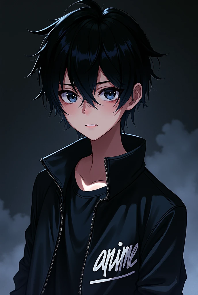 Create an image of anime boy with black jacket written Anime with syco black hairs black eyes